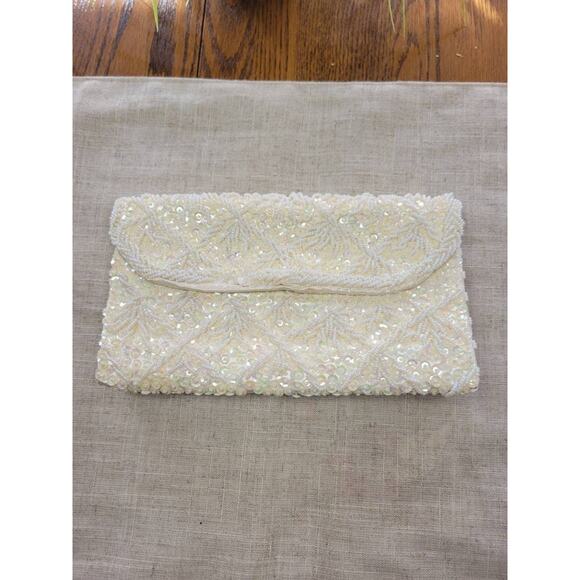 Vintage Beaded Clutch Purse, Off White Sequin Evening Bag, Double Sided - Picture 3 of 9